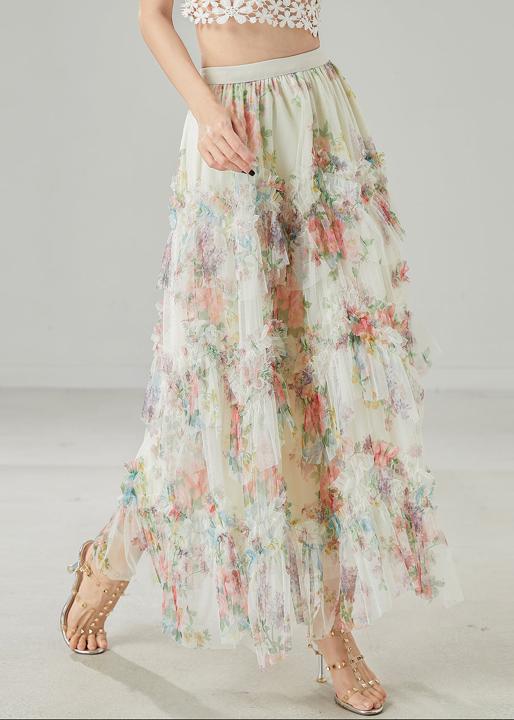 Modern White Ruffled Print Tulle Beach Skirt Summer