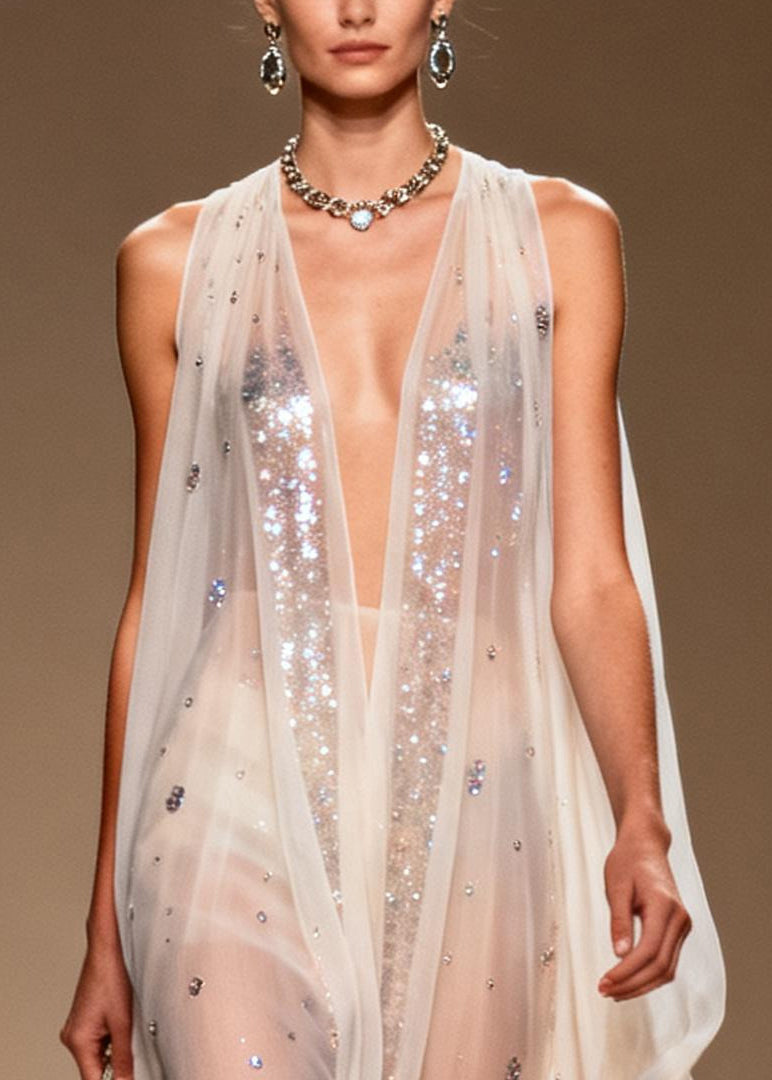 Modern White Sequins Rhinestone Chiffon Mesh Dress Summer