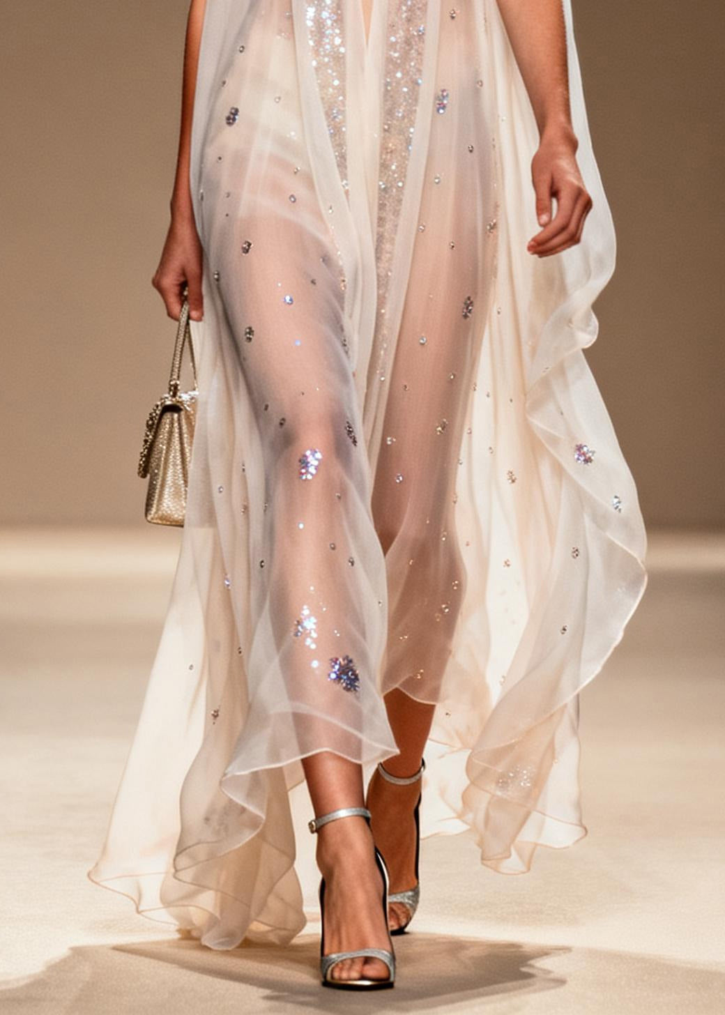 Modern White Sequins Rhinestone Chiffon Mesh Dress Summer
