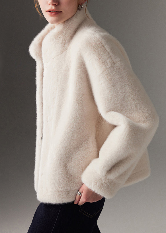 Modern White Stand Collar Mink Velvet Coat Winter