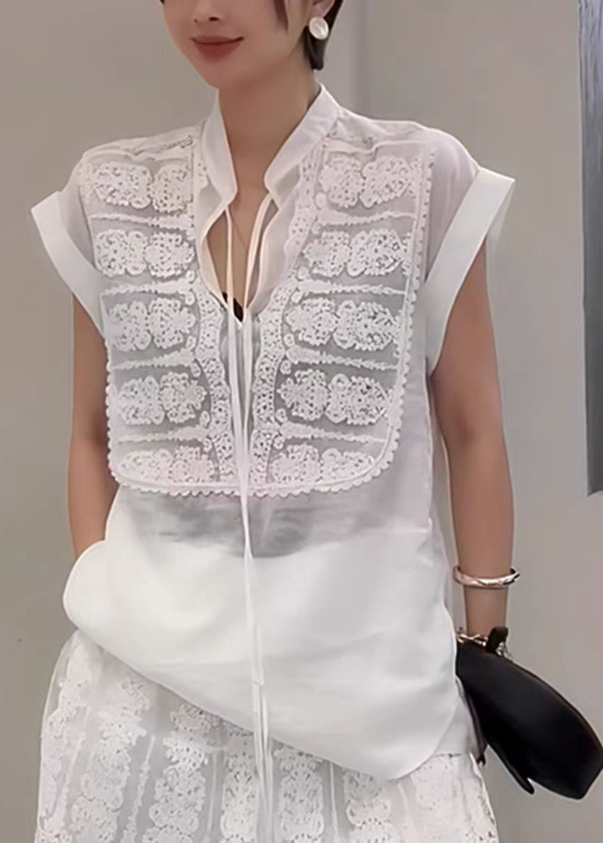 Modern White Stand Collar Patchwork Cotton Tops Summer