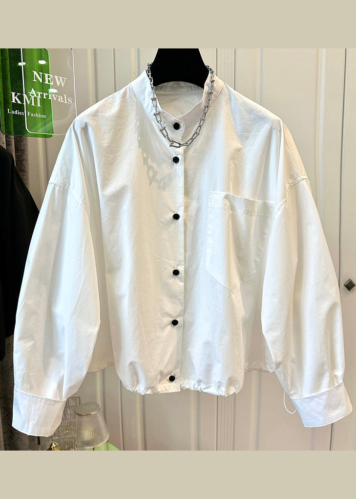 Modern White Stand Collar Pockets Drawstring Cotton Jackets Fall