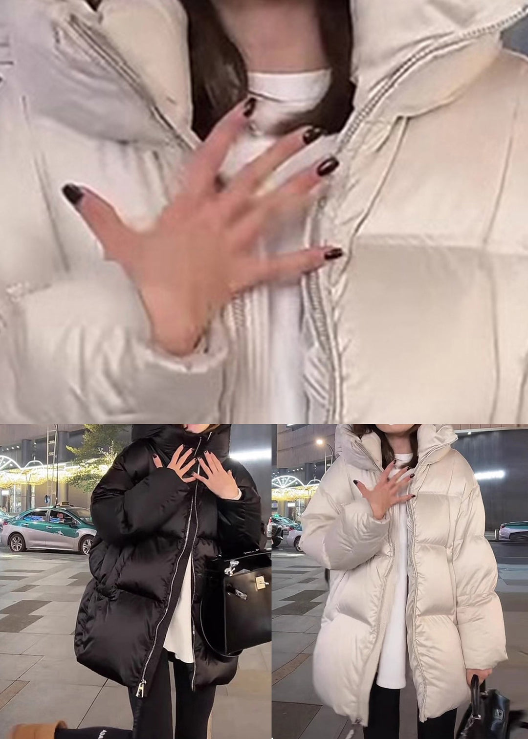 Modern White Stand Collar Pockets Thick Hooded Down Coat Winter