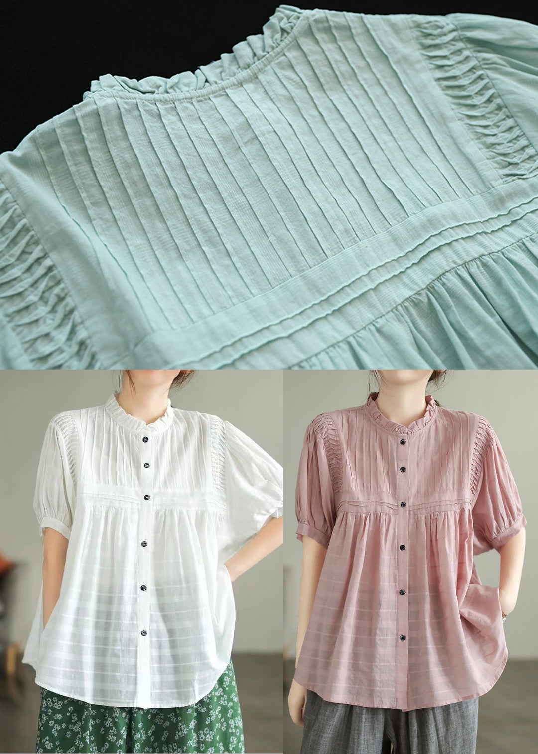 Modern White Stand Collar Wrinkled Cotton Top Summer