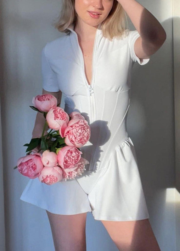 Modern White Stand Collar Zippered Bodysuit Tops