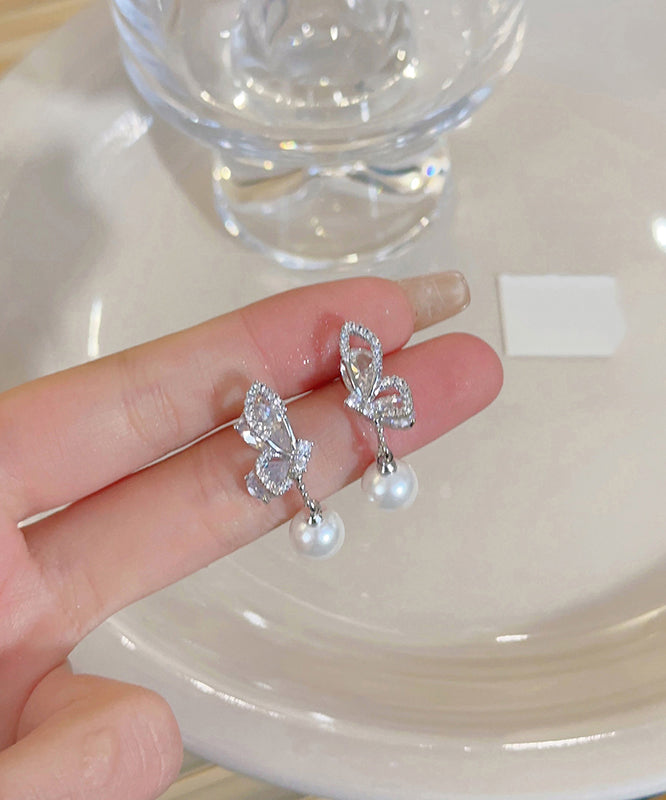 Modern White Sterling Silver Zircon Hollow Out Butterfly Drop Earrings