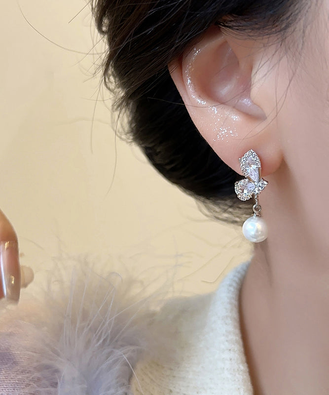 Modern White Sterling Silver Zircon Hollow Out Butterfly Drop Earrings