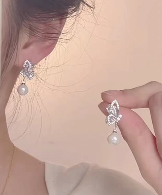 Modern White Sterling Silver Zircon Hollow Out Butterfly Drop Earrings
