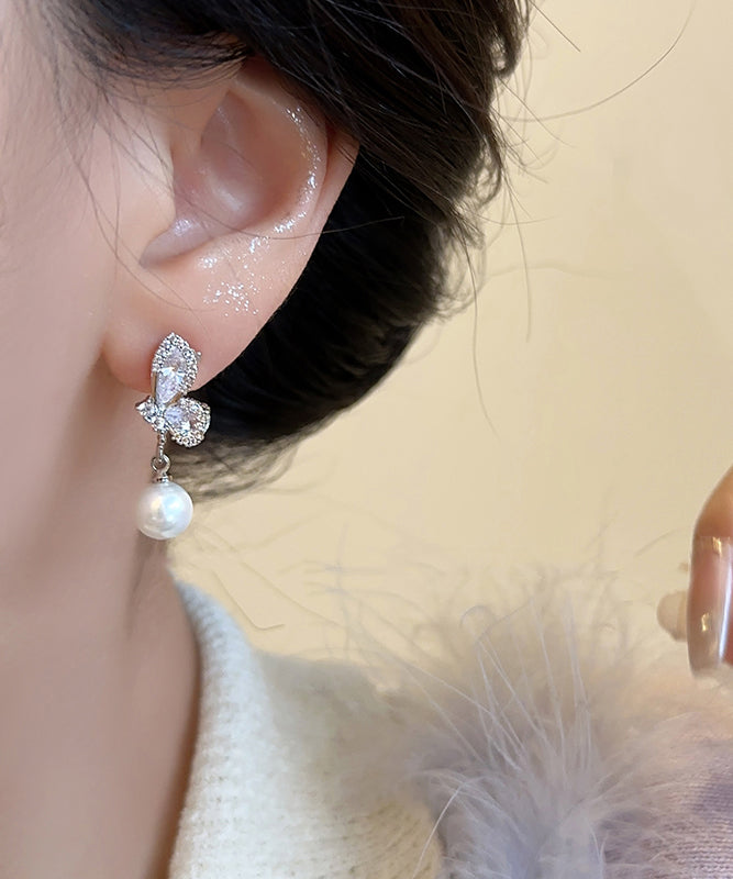 Modern White Sterling Silver Zircon Hollow Out Butterfly Drop Earrings