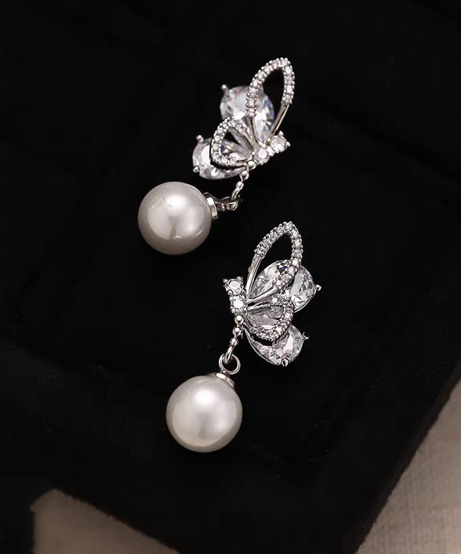 Modern White Sterling Silver Zircon Hollow Out Butterfly Drop Earrings