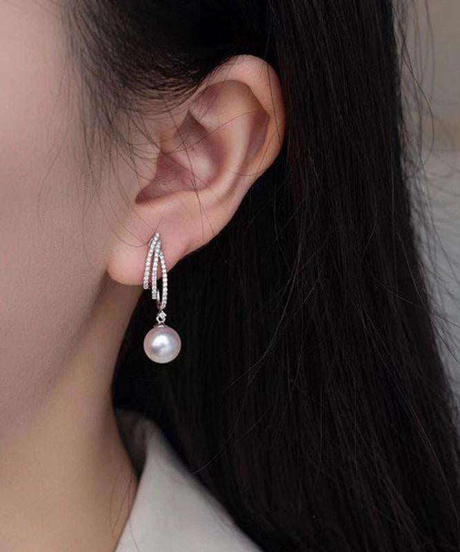 Modern White Sterling Silver Zircon Pearl Drop Earrings