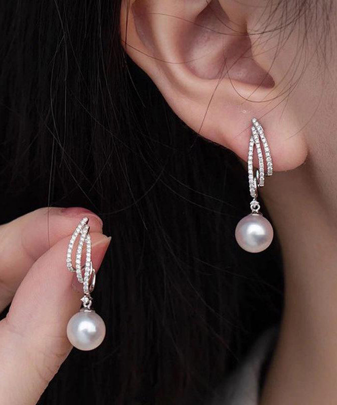 Modern White Sterling Silver Zircon Pearl Drop Earrings