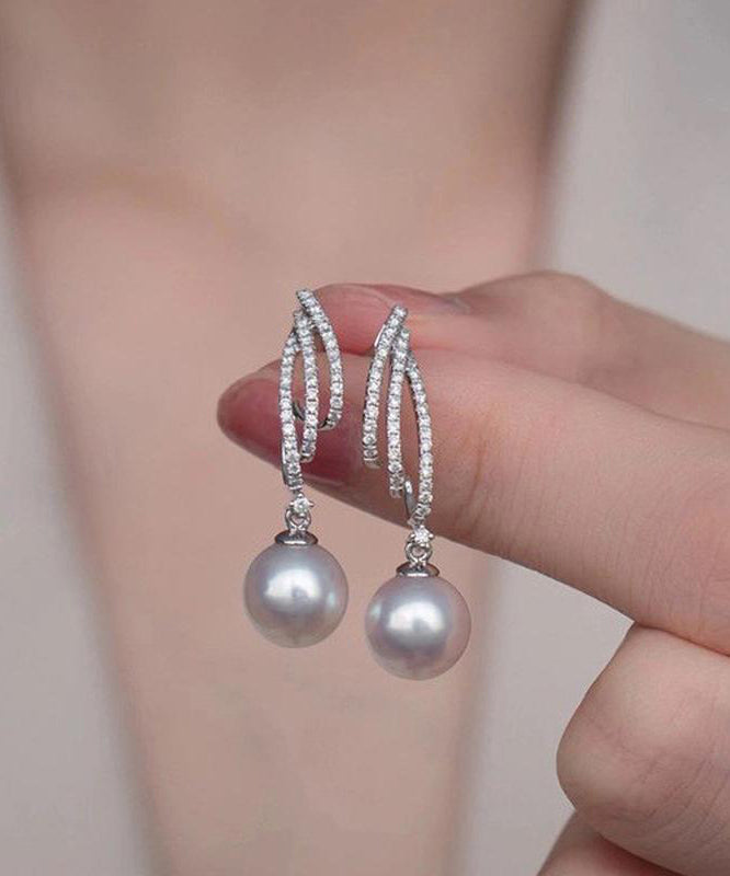 Modern White Sterling Silver Zircon Pearl Drop Earrings