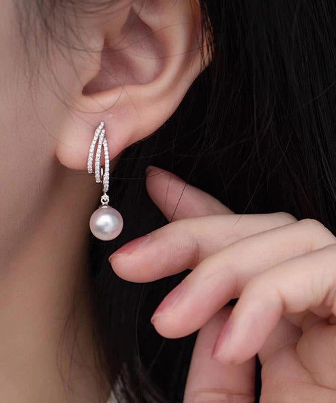 Modern White Sterling Silver Zircon Pearl Drop Earrings