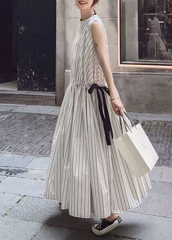 Modern White Striped Lace Up Cotton Maxi Dresses Sleeveless