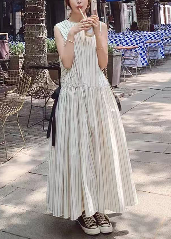 Modern White Striped Lace Up Cotton Maxi Dresses Sleeveless