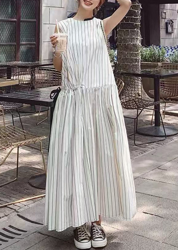 Modern White Striped Lace Up Cotton Maxi Dresses Sleeveless
