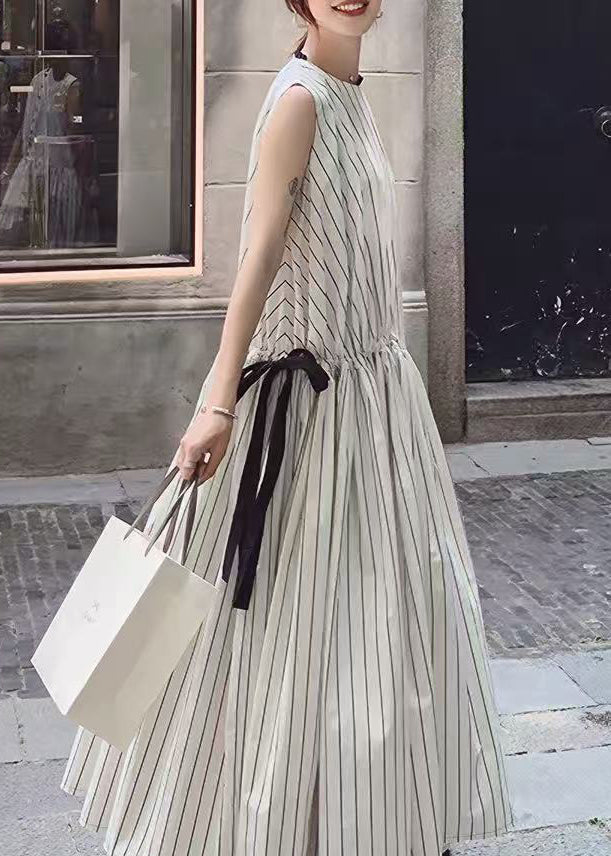 Modern White Striped Lace Up Cotton Maxi Dresses Sleeveless