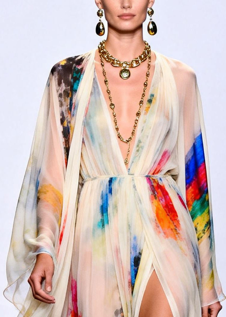 Modern White Tie Dye Side Open Chiffon Dress Two Pieces Set Summer
