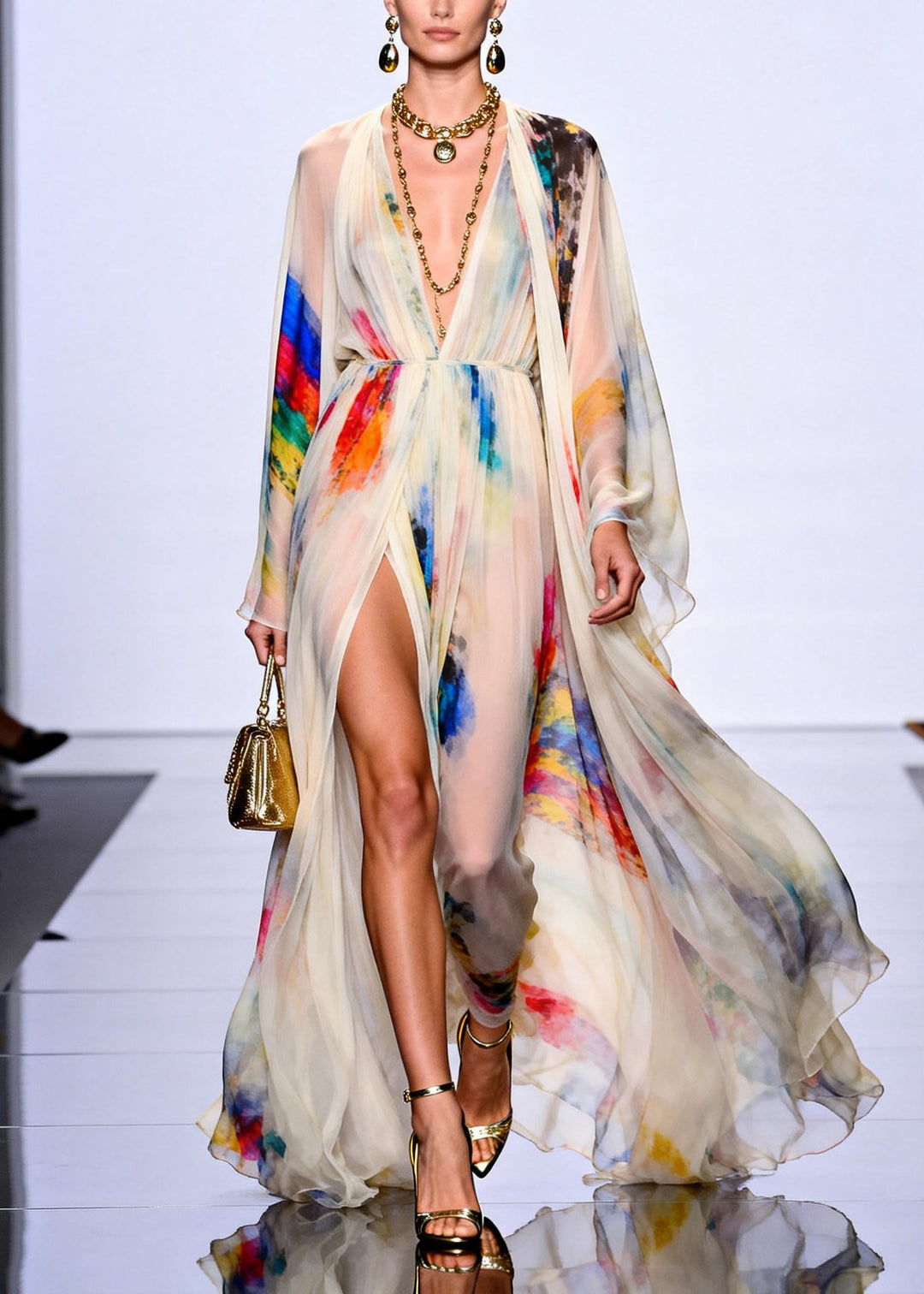 Modern White Tie Dye Side Open Chiffon Dress Two Pieces Set Summer