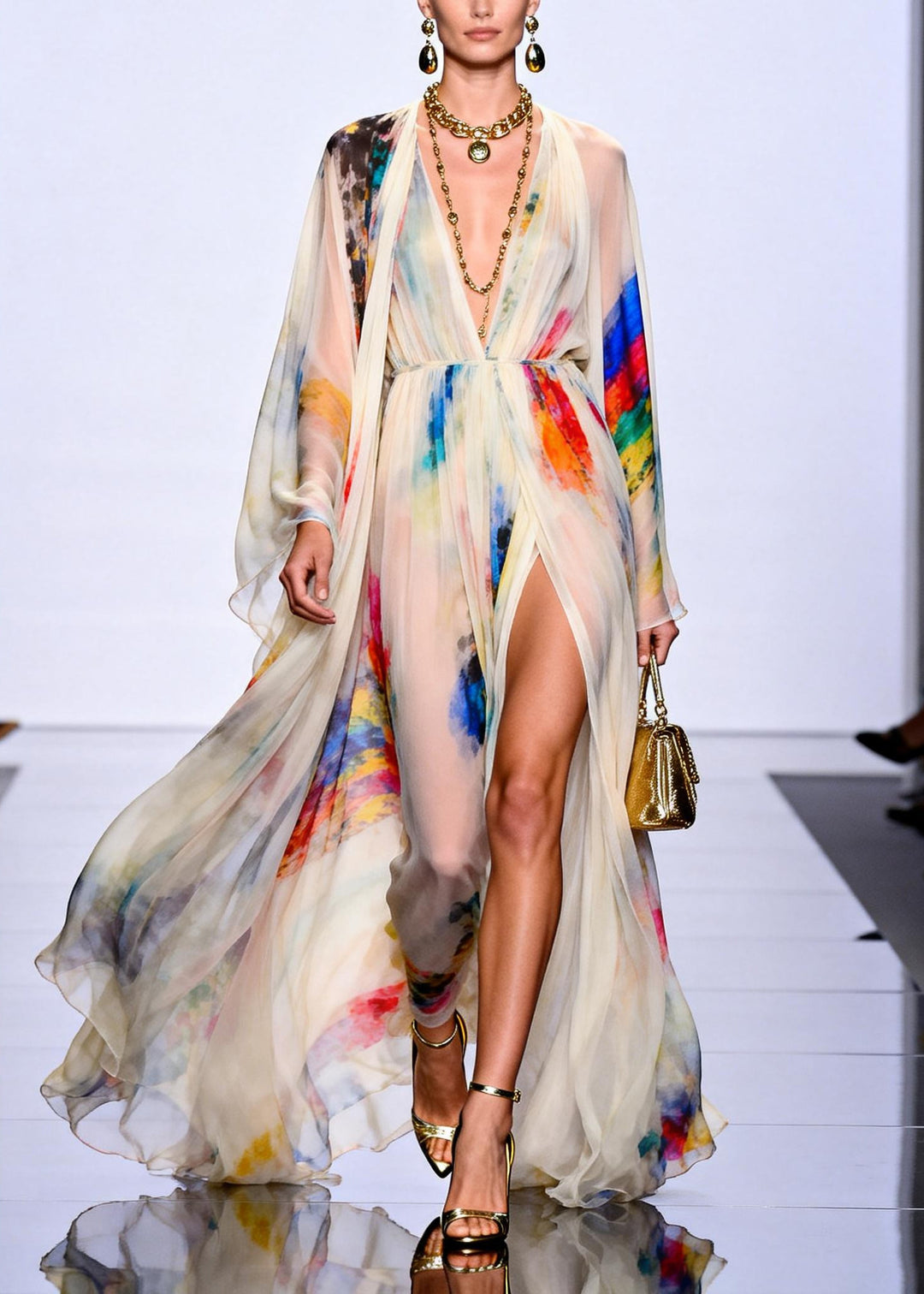 Modern White Tie Dye Side Open Chiffon Dress Two Pieces Set Summer