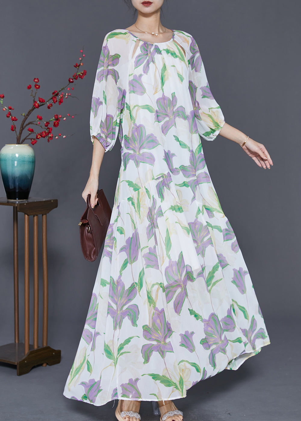 Modern White Tulip Print Chiffon Long Dress Summer
