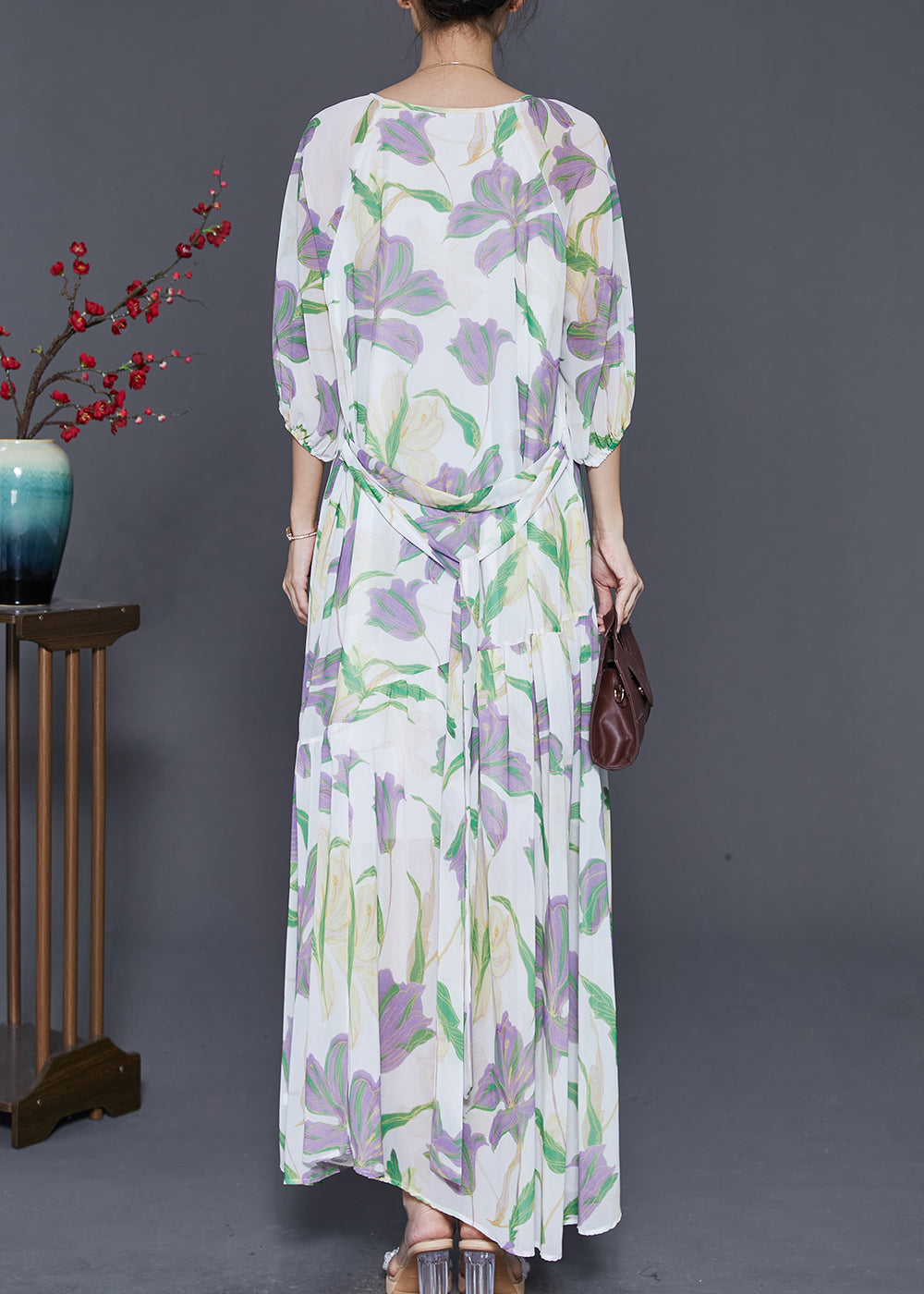Modern White Tulip Print Chiffon Long Dress Summer