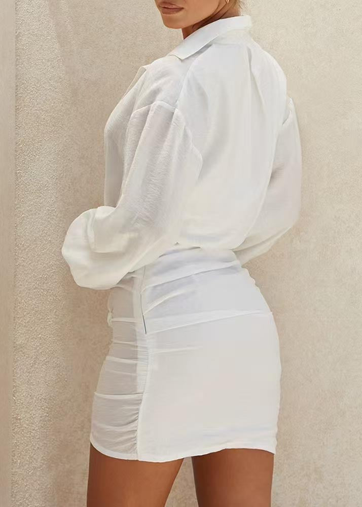 Modern White V Neck Patchwork Cotton Shirt Mini Dress Summer