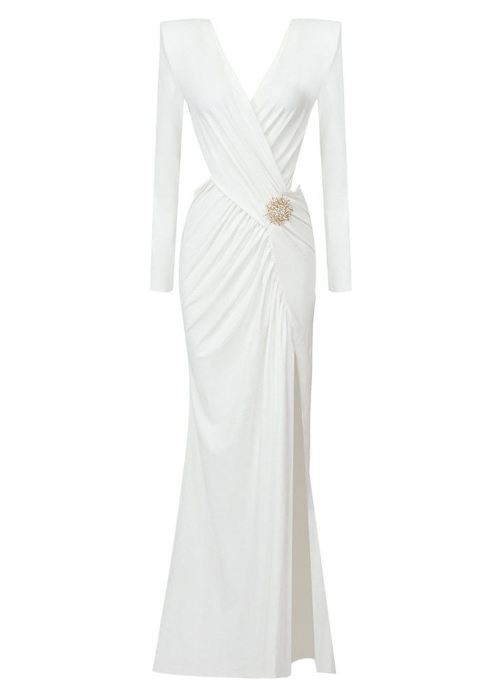 Modern White V Neck Patchwork Side Open Cotton Dresses Long Sleeve