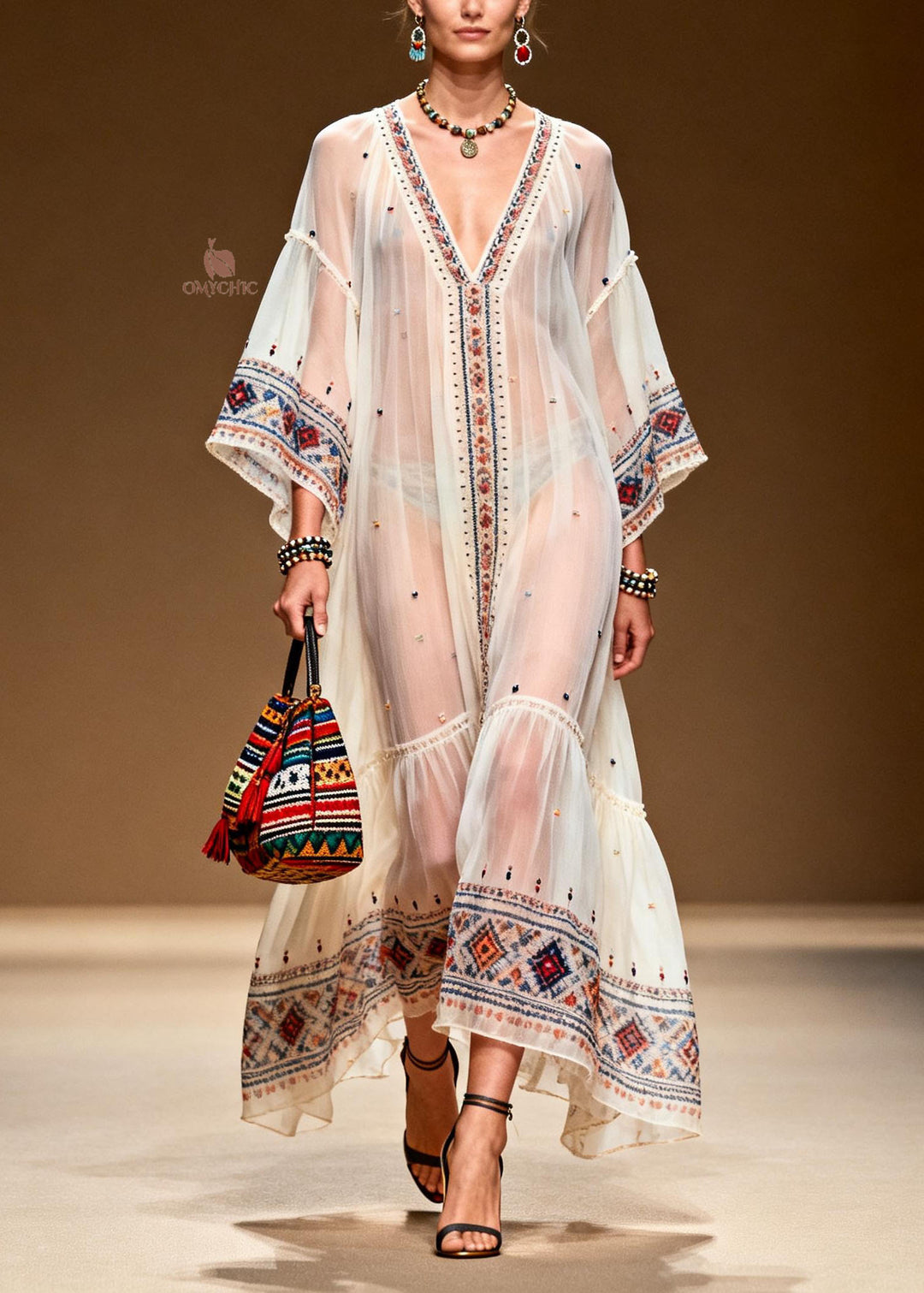 Modern White V Neck Print Patchwork Chiffon Dresses Summer