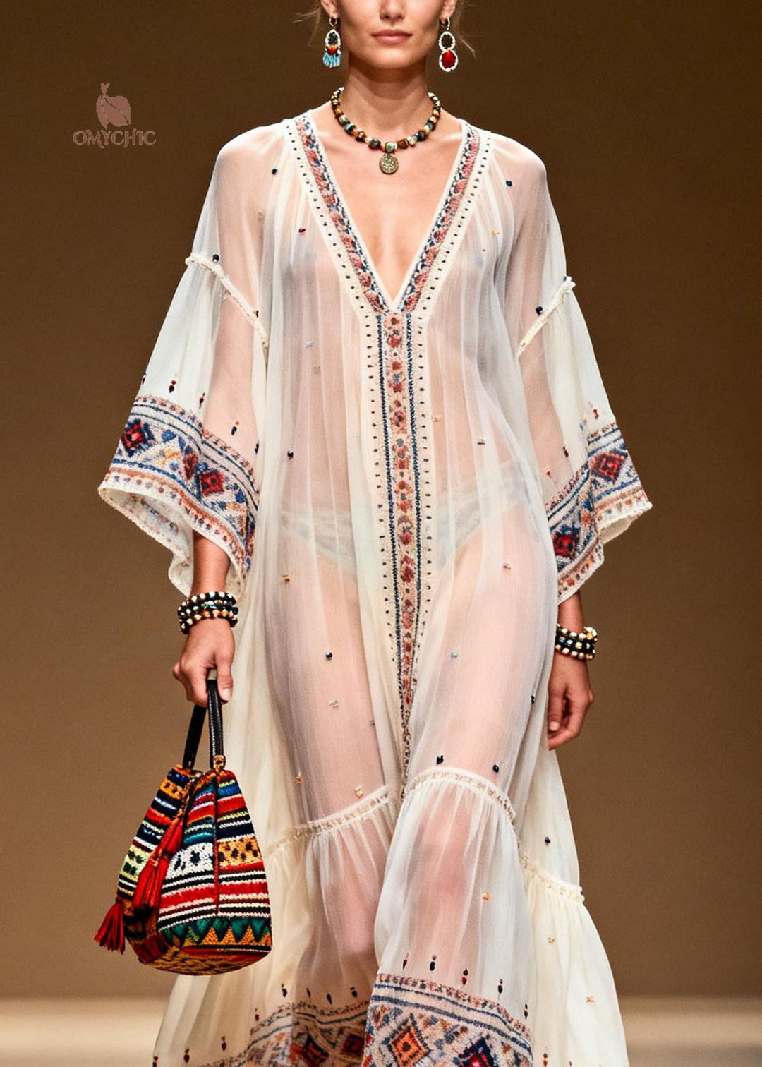 Modern White V Neck Print Patchwork Chiffon Dresses Summer