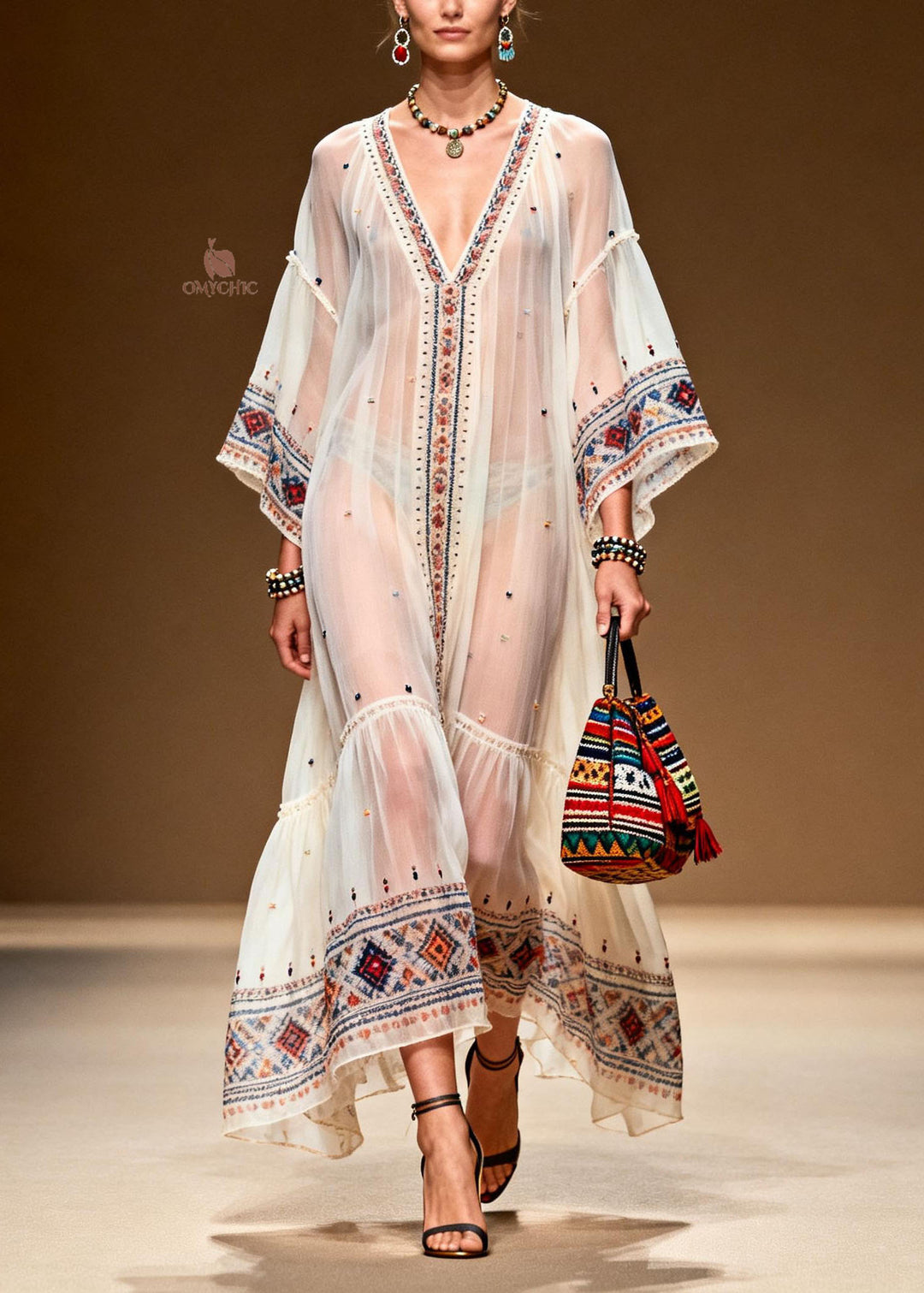 Modern White V Neck Print Patchwork Chiffon Dresses Summer