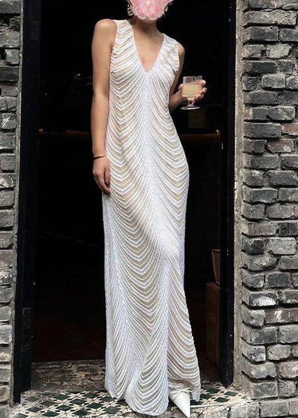 Modern White V Neck Striped Cotton Beach Dress Sleeveless