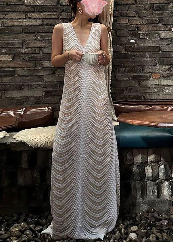 Modern White V Neck Striped Cotton Beach Dress Sleeveless