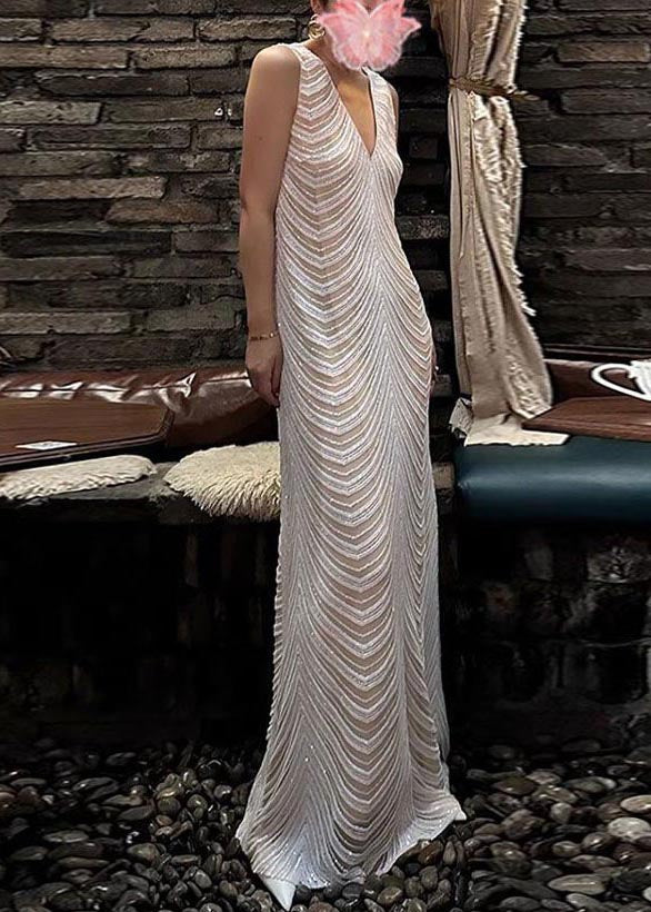 Modern White V Neck Striped Cotton Beach Dress Sleeveless