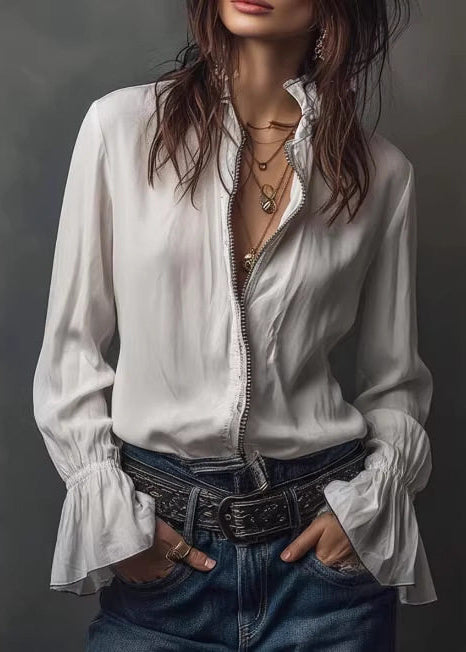 Modern White Zippered Stand Collar Chiffon Top Long Sleeve