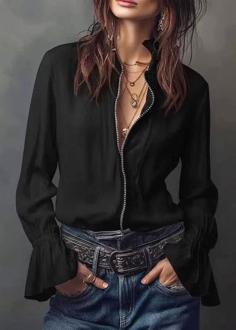 Modern White Zippered Stand Collar Chiffon Top Long Sleeve