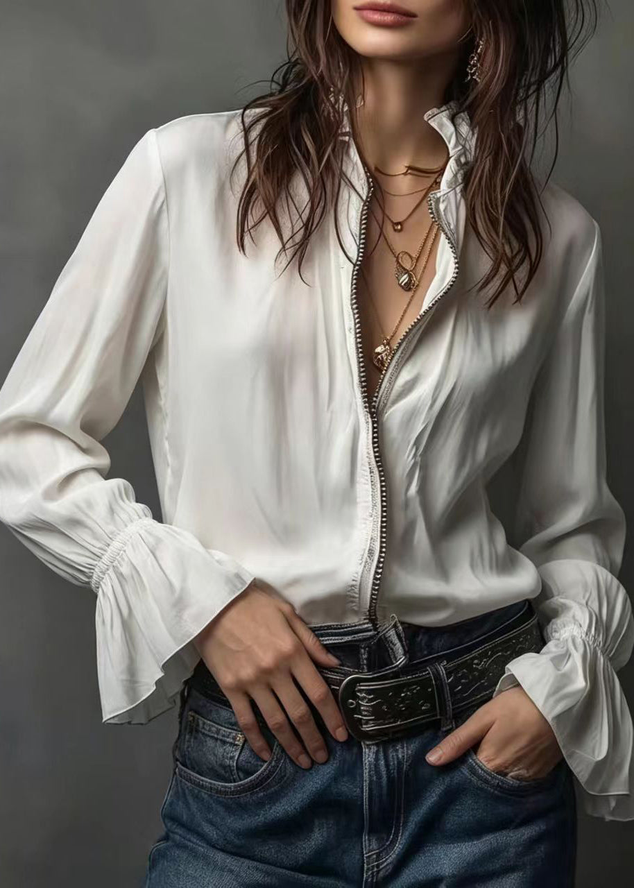 Modern White Zippered Stand Collar Chiffon Top Long Sleeve