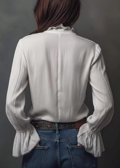 Modern White Zippered Stand Collar Chiffon Top Long Sleeve