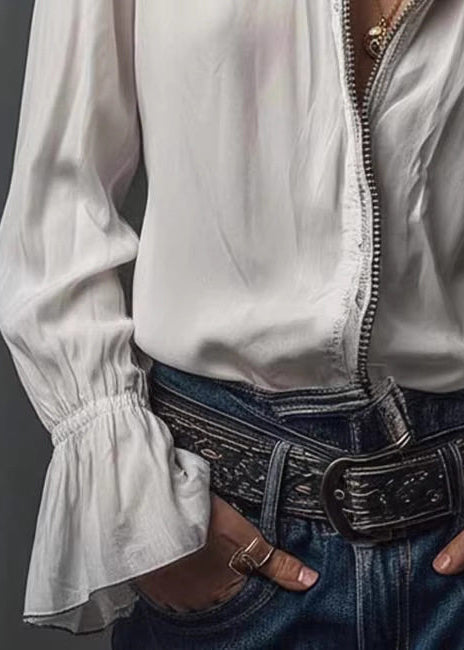 Modern White Zippered Stand Collar Chiffon Top Long Sleeve