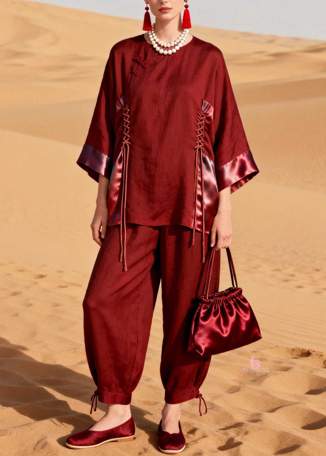 Modern Wine Red Drawstring Silk Patchwork Two Pieces Set Bracelet Sleeve