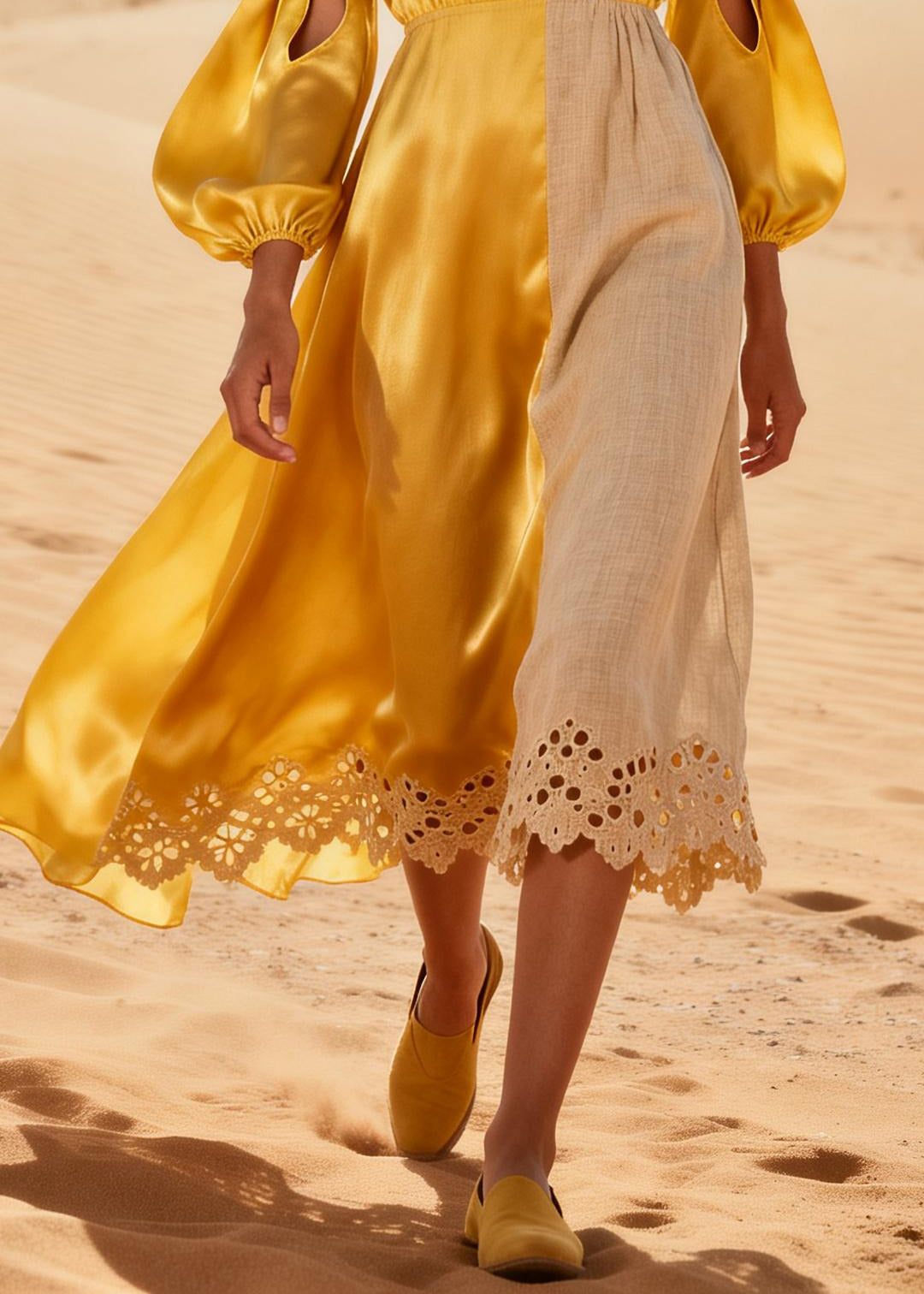Modern Yellow Asymmetrical Patchwork Hollow Out Silk Robe Dresses Summer
