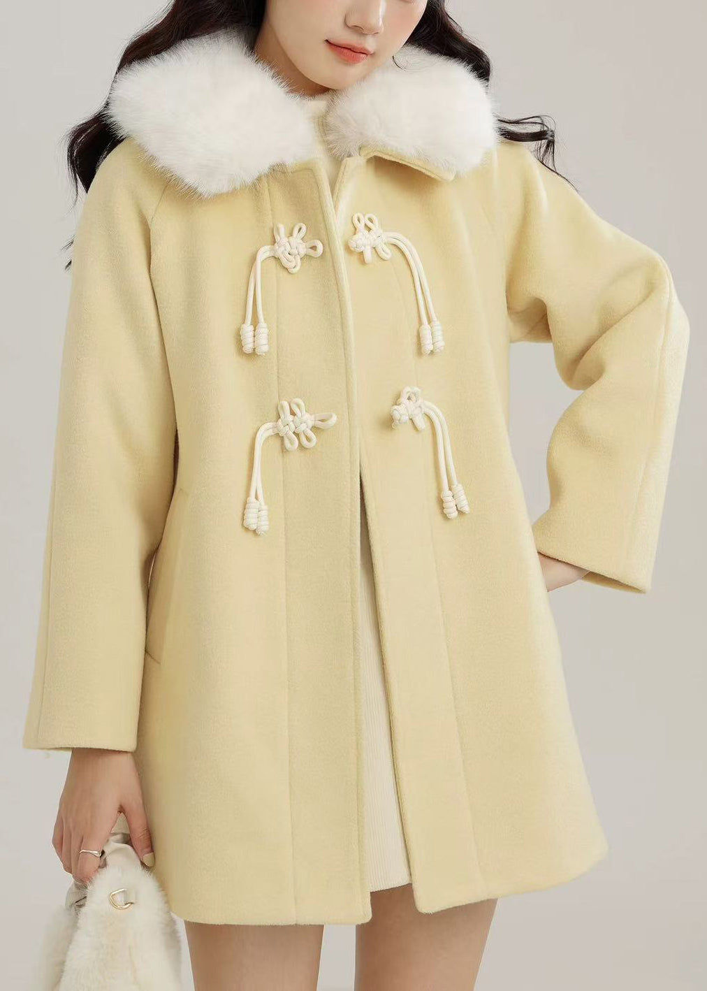 Modern Yellow Fur Collar Woolen Coat Outwear Winter