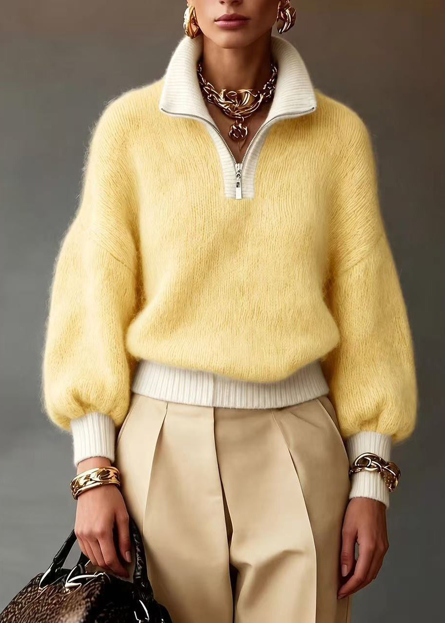Modern Yellow Half-Zip Turtleneck Knit Sweaters Fall