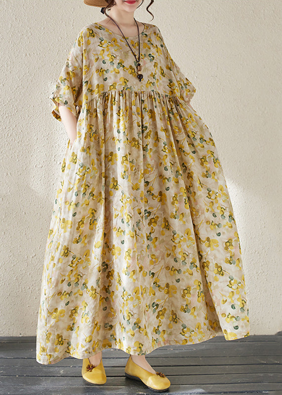 Modern Yellow Patchwork Wrinkled Dress Short Sleeve