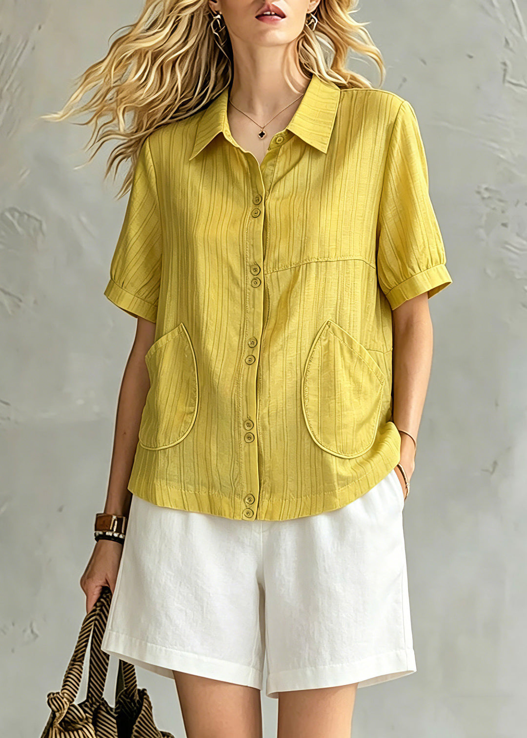Modern Yellow Peter Pan Collar Pockets Shirt Summer