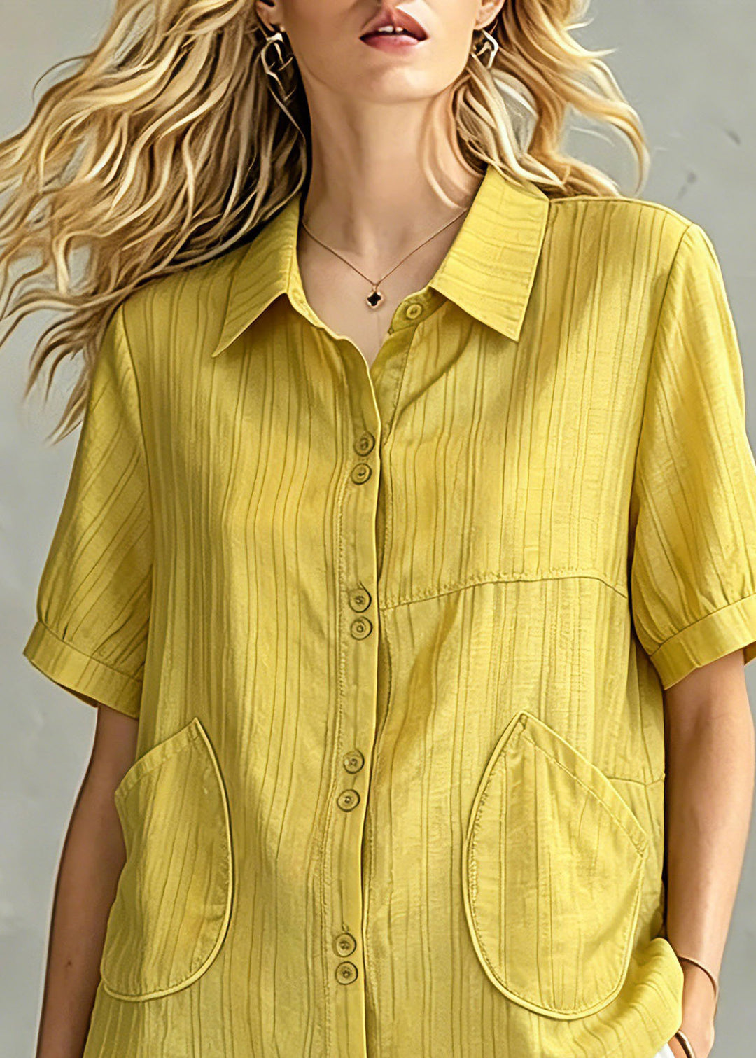 Modern Yellow Peter Pan Collar Pockets Shirt Summer