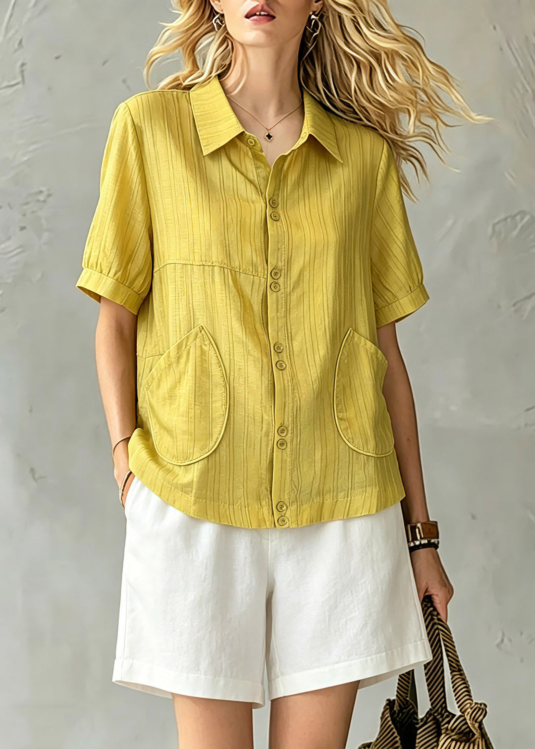 Modern Yellow Peter Pan Collar Pockets Shirt Summer