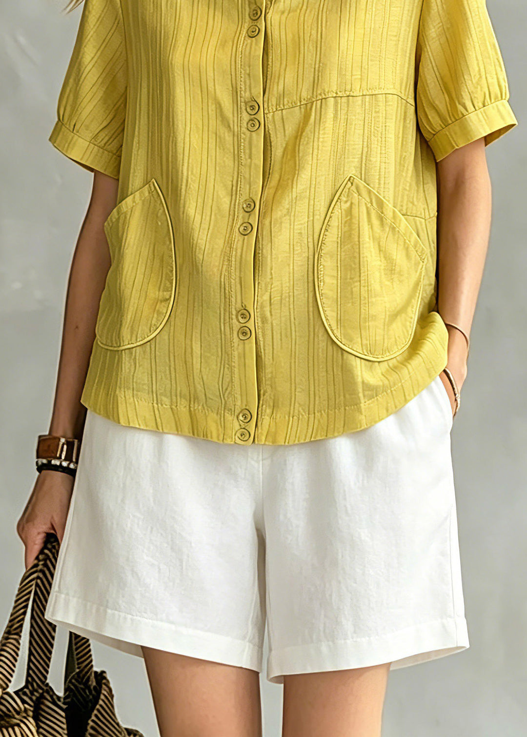 Modern Yellow Peter Pan Collar Pockets Shirt Summer