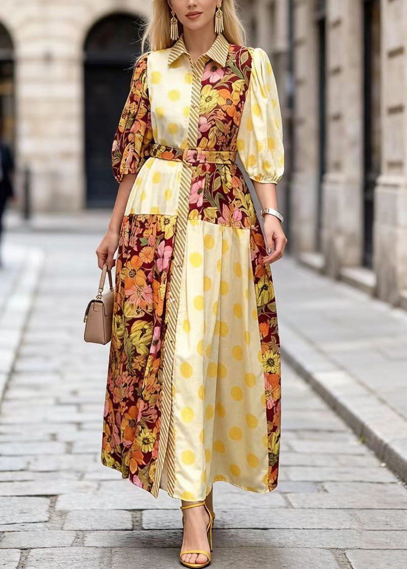 Modern Yellow Peter Pan Collar Print Cotton Dresses Summer